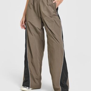 Oversized Piped Woven Straight Leg Track Bottoms Moss Brown